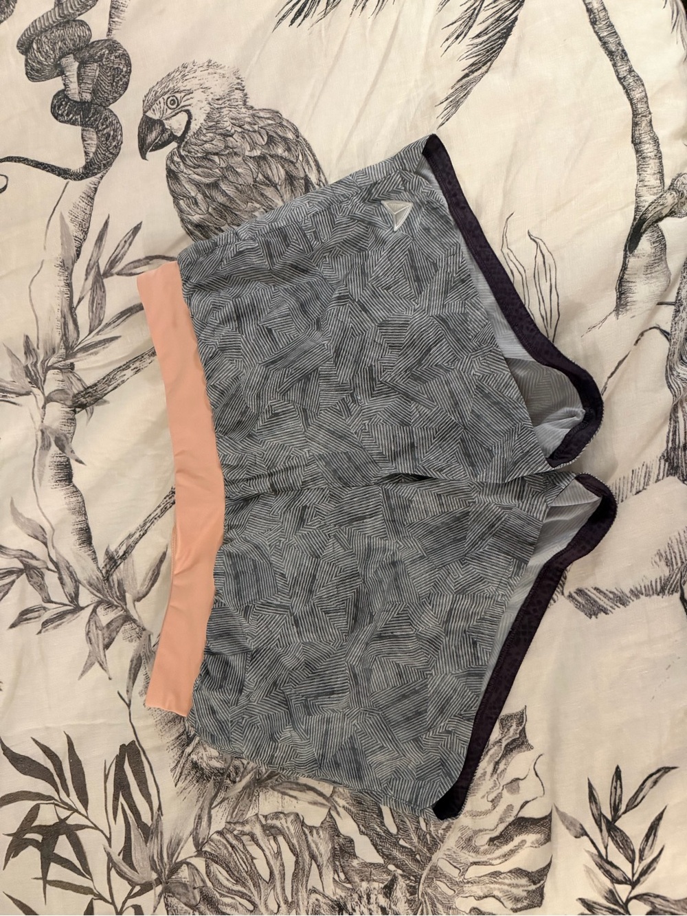 Grey Patterned Athletic Shorts with Peach Waistband